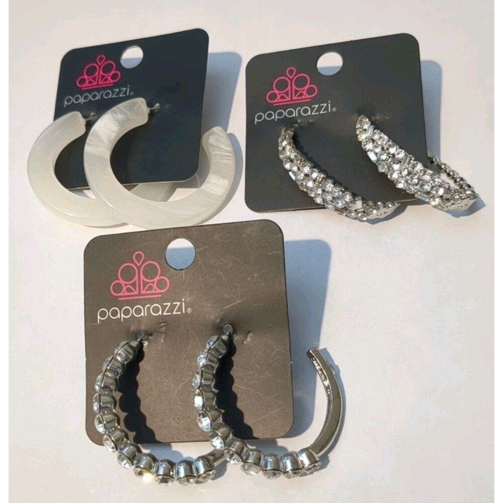 Paparazzi Earrings Hoops White Sparkle Bling Silver